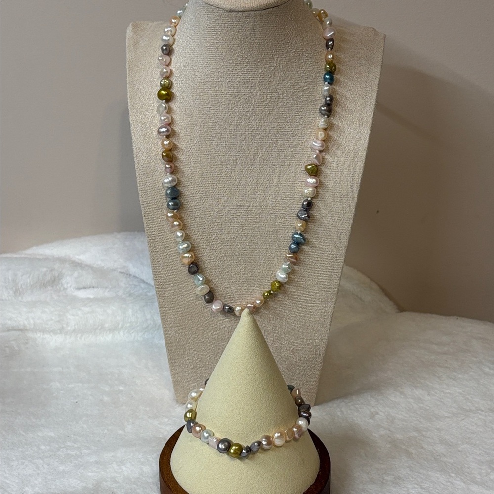 925 Genuine Freshwater Pearls Necklace Bracelet Set Sterling Silver